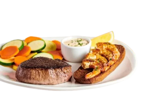 Sirloin 6 oz and Grille Shrimp in plate